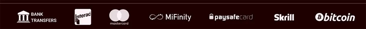 Horizontal casino payment methods banner displayed on a dark red background, featuring white logos for Bank Transfers, Interac, Mastercard, MiFinity, Paysafecard, Skrill, and Bitcoin, arranged in a single row to indicate the platform’s supported deposit and withdrawal options.