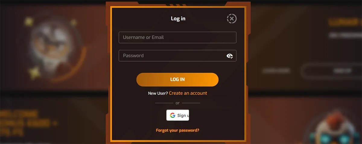 English-language casino login popup interface displayed in a dark-themed modal window with orange borders. The form includes input fields for “Username or Email” and “Password”, a prominent “Log In” button, and a link for new users to create an account (“Create an account”). It also provides an option to sign in with Google and a “Forgot your password?” recovery link, shown over a blurred background of the casino website interface.