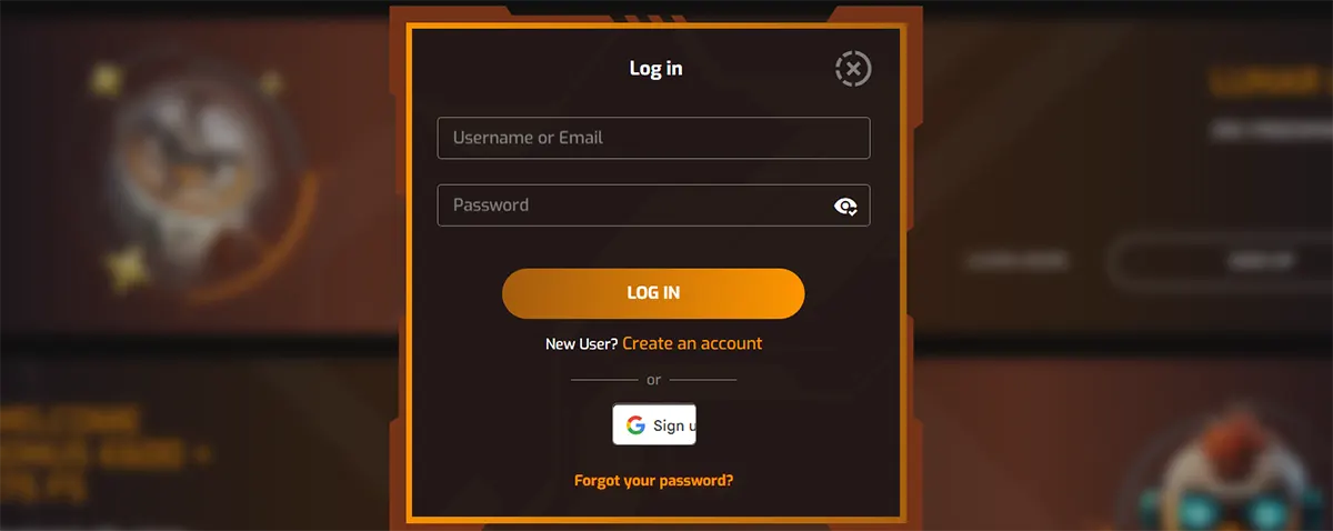English-language casino login popup interface displayed in a dark-themed modal window with orange borders. The form includes input fields for “Username or Email” and “Password”, a prominent “Log In” button, and a link for new users to create an account (“Create an account”). It also provides an option to sign in with Google and a “Forgot your password?” recovery link, shown over a blurred background of the casino website interface.